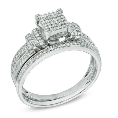 0.33 CT. T.W. Diamond Square Composite Double Collar Bridal Set in 10K White Gold