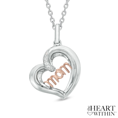 Diamond Accent Tilted "MOM" Heart Pendant in Sterling Silver and 10K Rose Gold