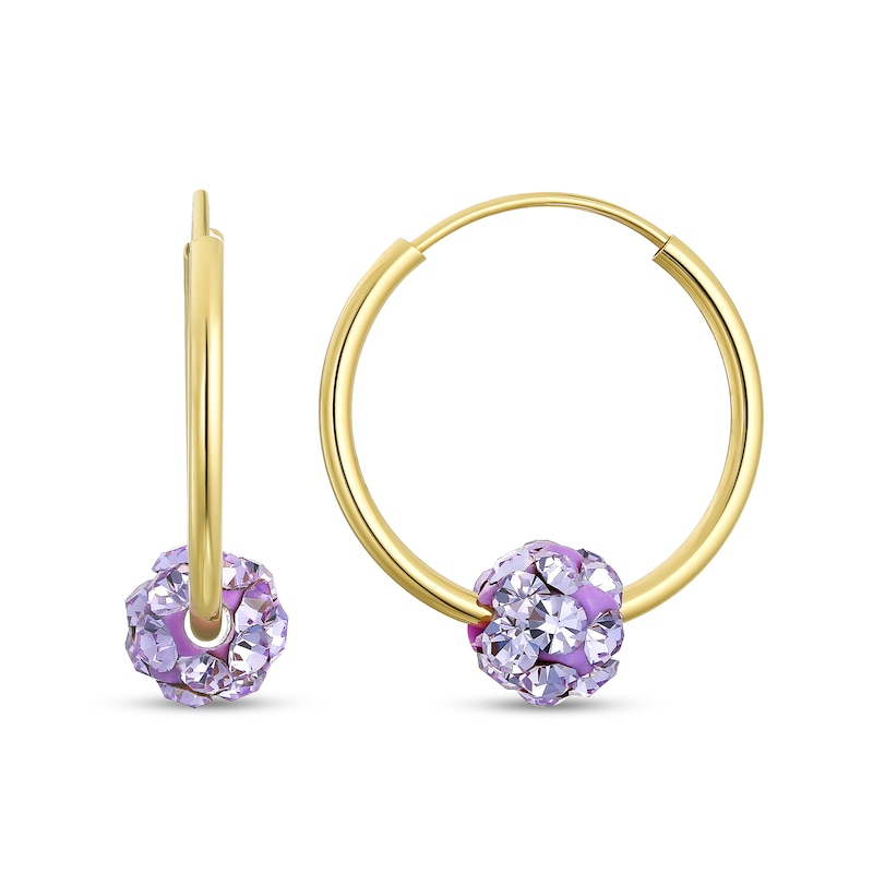 Purple Crystal Bead Endless Hoop Earrings in 14K Gold