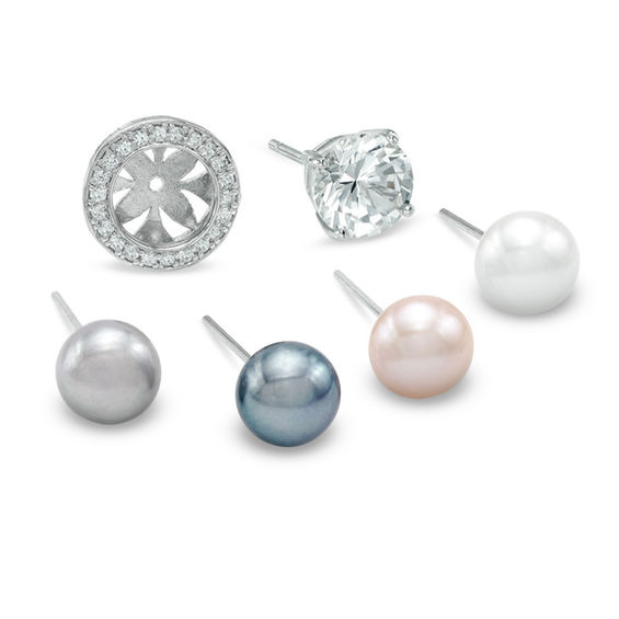 6.5mm Lab-Created White Sapphire and Cultured Freshwater Pearl Earrings and  Jacket Set in Sterling Silver