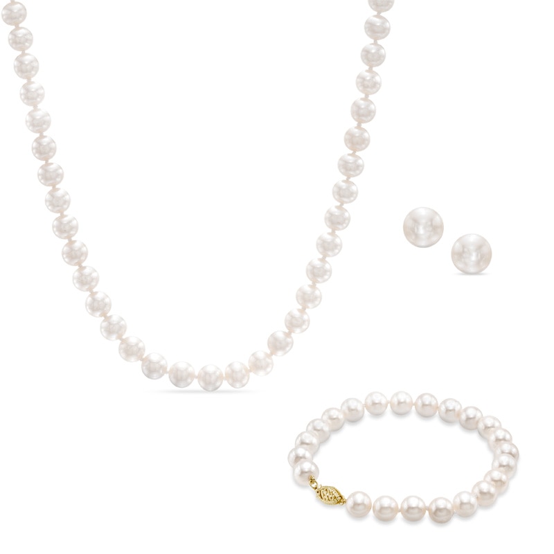 7.5-8.0mm Freshwater Cultured Pearl Strand Necklace, Bracelet and Earrings Set in 14K Gold