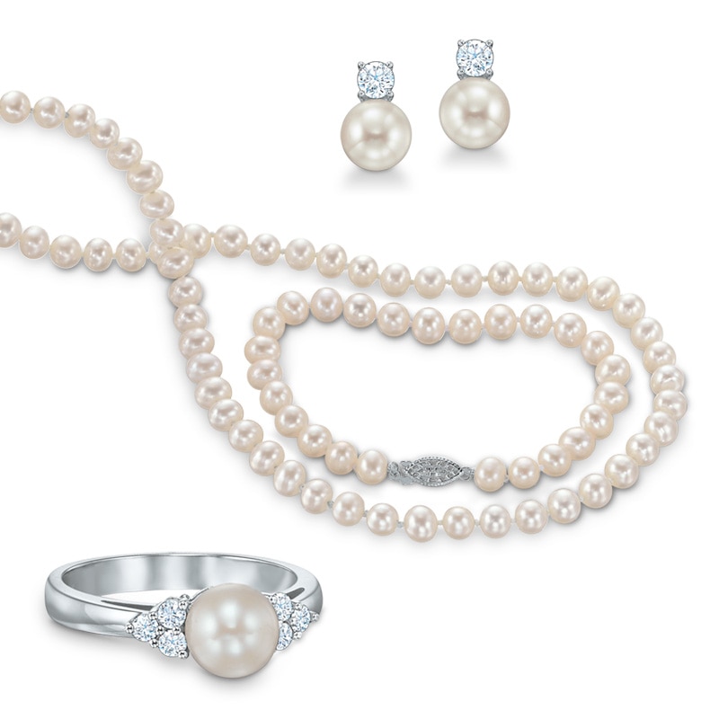 6.5-7.0mm Freshwater Cultured Pearl and Lab-Created White Sapphire Necklace, Bracelet, Ring and Earrings Set|Peoples Jewellers