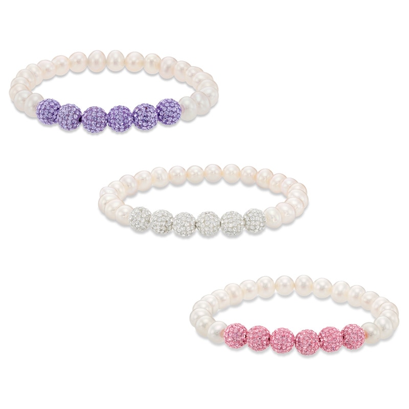 6.0-7.0mm Freshwater Cultured Pearl and Crystal Bead Stretch Bracelet Set-7.25"|Peoples Jewellers