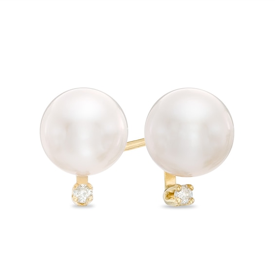 7.5-8.0mm Akoya Cultured Pearl and  Diamond Accent Stud Earrings in 14K Gold