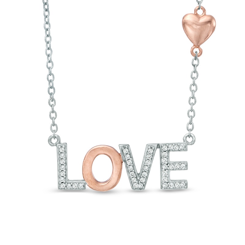 Lab-Created White Sapphire "LOVE" with Heart Necklace in Sterling Silver and 14K Rose Gold Plate - 17"|Peoples Jewellers