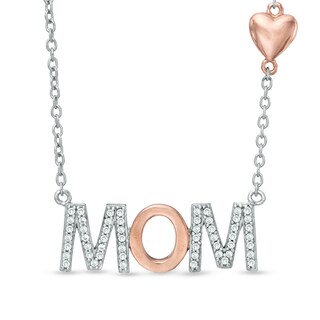 Lab-Created White Sapphire "MOM" with Heart Necklace in Sterling Silver and 14K Rose Gold Plate - 17"