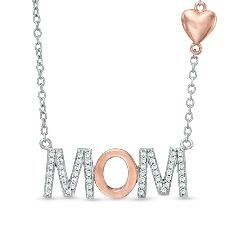 Lab-Created White Sapphire "MOM" with Heart Necklace in Sterling Silver and 14K Rose Gold Plate - 17"|Peoples Jewellers