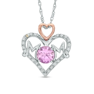 6.0mm Lab-Created Pink and White Sapphire Double Heart "MOM" Pendant in Sterling Silver and 14K Rose Gold Plate