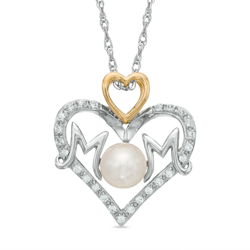 Freshwater Cultured Pearl and Lab-Created White Sapphire "MOM" Heart Pendant in Sterling Silver and 14K Gold Plate|Peoples Jewellers