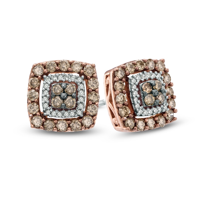 0.58 CT. T.W. Quad Champagne and White Diamond Double Square Frame Stud Earrings in 10K Rose Gold|Peoples Jewellers