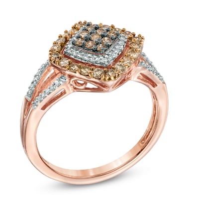 0.50 CT. T.W. Champagne and White Diamond Tilted Square Frame Ring in 10K Rose Gold