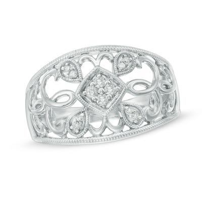 0.10 CT. T.W. Quad Diamond Scroll Dome Ring in Sterling Silver