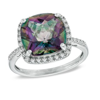 11.0mm Cushion-Cut Mystic Fire® Topaz and Lab-Created White Sapphire Frame Ring in Sterling Silver