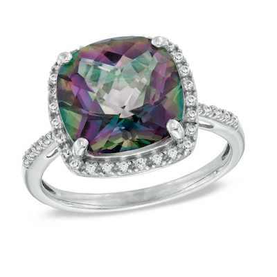 11.0mm Cushion-Cut Mystic Fire® Topaz and Lab-Created White Sapphire Frame Ring in Sterling Silver