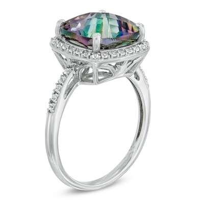 11.0mm Cushion-Cut Mystic Fire® Topaz and Lab-Created White Sapphire Frame Ring in Sterling Silver