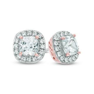 5.0mm Cushion-Cut Lab-Created White Sapphire Frame Earrings in Sterling Silver and 14K Rose Gold Plate