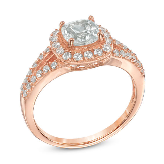 6.0mm Cushion-Cut Lab-Created White Sapphire Frame Ring in Sterling Silver and 14K Rose Gold Plate