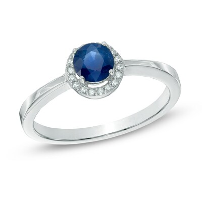 5.0mm Blue Sapphire and Diamond Accent Frame Ring in 14K White Gold