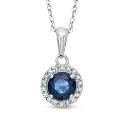 5.0mm Blue Sapphire and Diamond Accent Frame Pendant in 14K White Gold