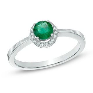 5.0mm Emerald and Diamond Accent Frame Ring in 14K White Gold