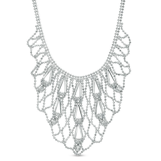 Woven Beaded Mesh Bib Necklace in Sterling Silver - 17"