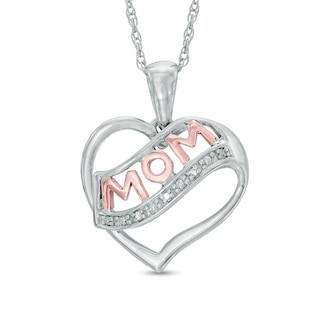 Diamond Accent Heart with "MOM" Pendant in Sterling Silver and 10K Rose Gold