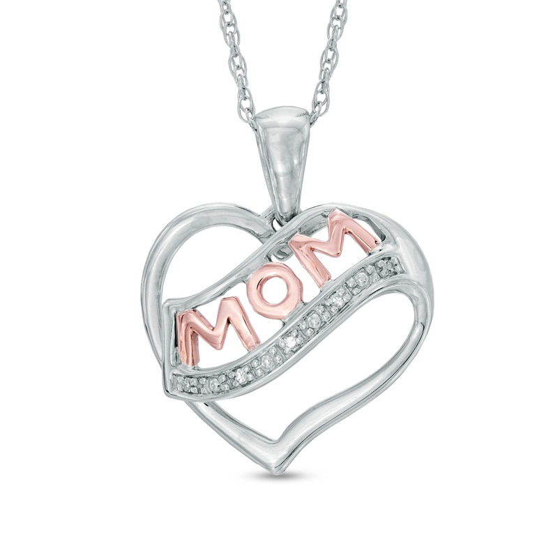 Diamond Accent Heart with "MOM" Pendant in Sterling Silver and 10K Rose Gold|Peoples Jewellers