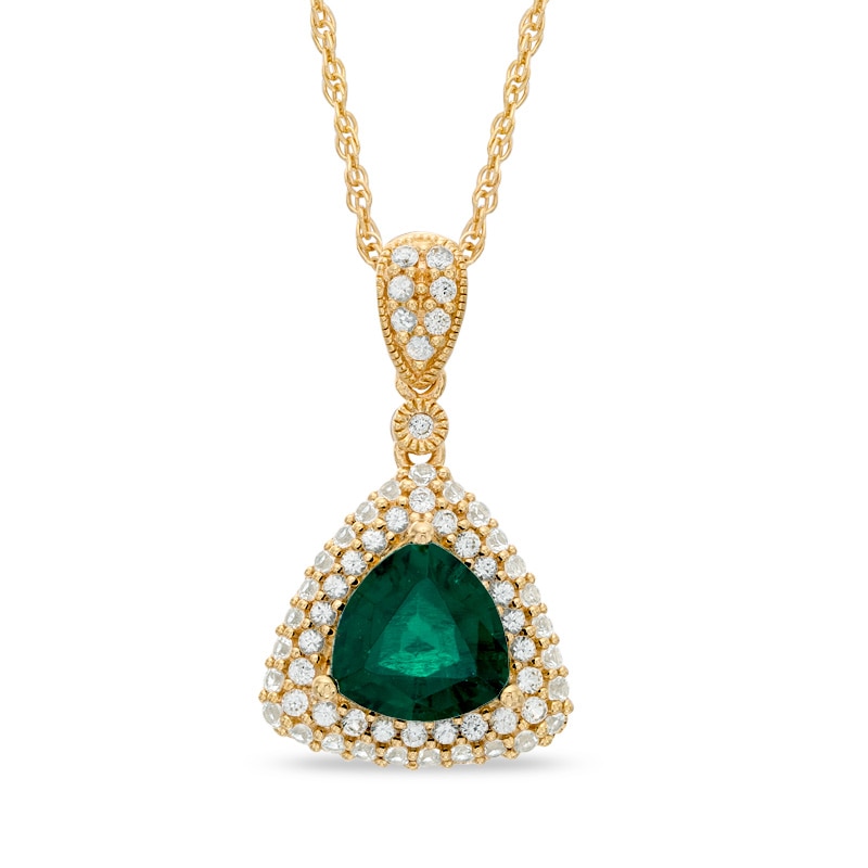 8.0mm Trillion-Cut Lab-Created Emerald and White Sapphire Frame Pendant in Sterling Silver with 14K Gold Plate|Peoples Jewellers