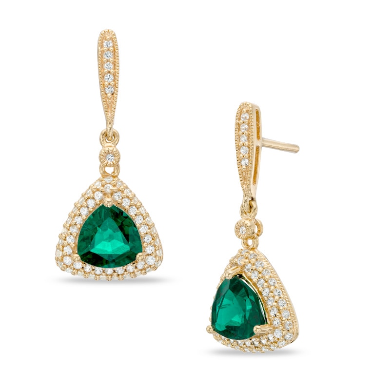 7.0mm Trillion-Cut Lab-Created Emerald and White Sapphire Frame Drop Earrings in Sterling Silver with 14K Gold Plate|Peoples Jewellers