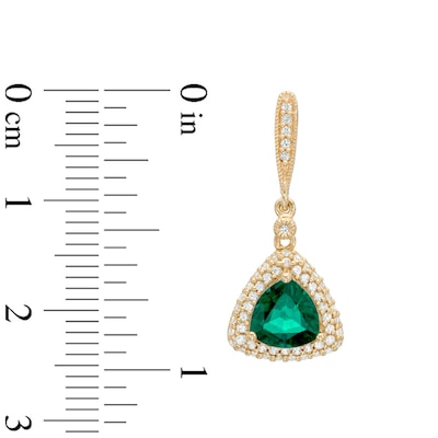 7.0mm Trillion-Cut Lab-Created Emerald and White Sapphire Frame Drop Earrings in Sterling Silver with 14K Gold Plate