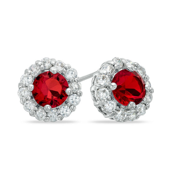 6.0mm Lab-Created Ruby and White Sapphire Frame Earrings in Sterling Silver