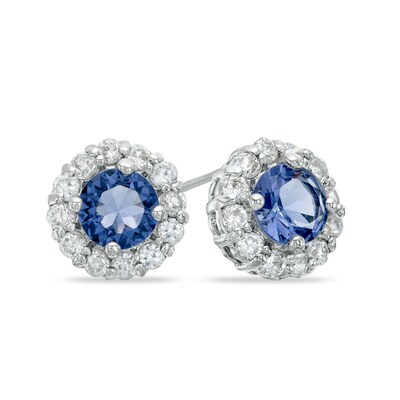 6.0mm Lab-Created Ceylon and White Sapphire Frame Earrings in Sterling Silver