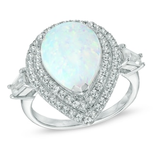 Pear-Shaped Lab-Created Opal and White Sapphire Frame Ring in Sterling Silver