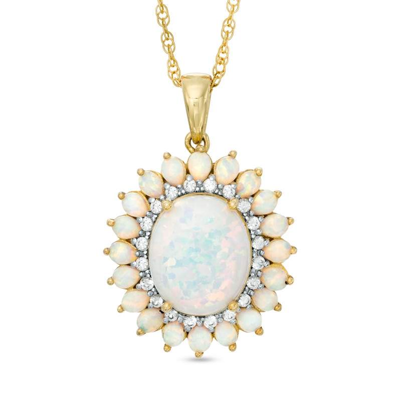 Oval Lab-Created Opal and White Sapphire Pendant in Sterling Silver with 14K Gold Plate|Peoples Jewellers