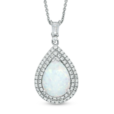 Pear-Shaped Lab-Created Opal and White Sapphire Frame Pendant in Sterling Silver