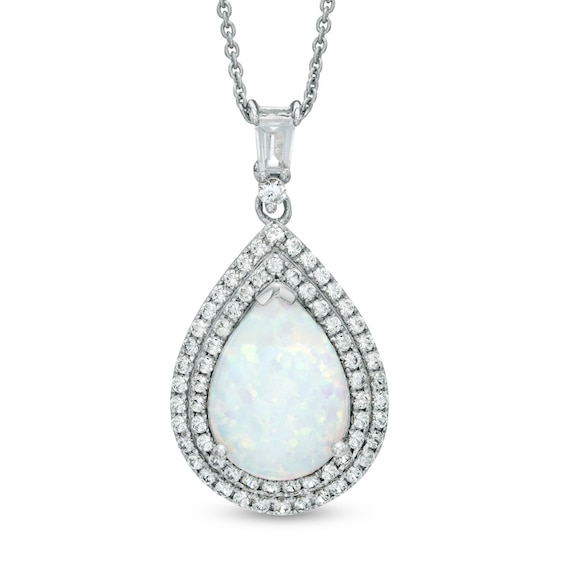 Pear-Shaped Lab-Created Opal and White Sapphire Frame Pendant in Sterling Silver