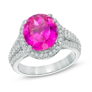 Oval Lab-Created Pink and White Sapphire Frame Ring in Sterling Silver