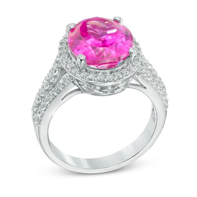 Oval Lab-Created Pink and White Sapphire Frame Ring in Sterling Silver