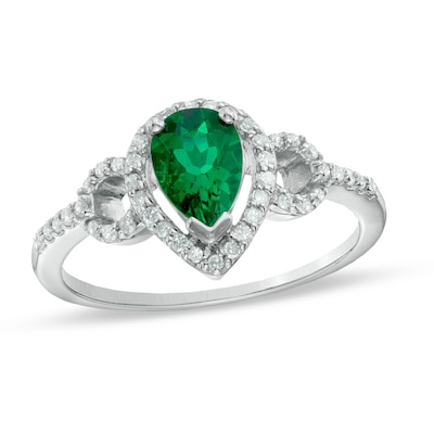 Pear-Shaped Lab-Created Emerald and White Sapphire Frame Ring in Sterling Silver