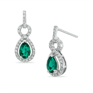 Pear-Shaped Lab-Created Emerald and White Sapphire Frame Drop Earrings in Sterling Silver