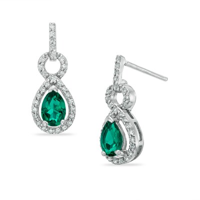 Pear-Shaped Lab-Created Emerald and White Sapphire Frame Drop Earrings in Sterling Silver