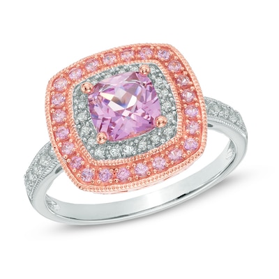 6.0mm Cushion-Cut Lab-Created Pink and White Sapphire Frame Ring in Sterling Silver with 14K Rose Gold Plate