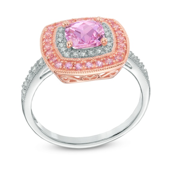 6.0mm Cushion-Cut Lab-Created Pink and White Sapphire Frame Ring in Sterling Silver with 14K Rose Gold Plate