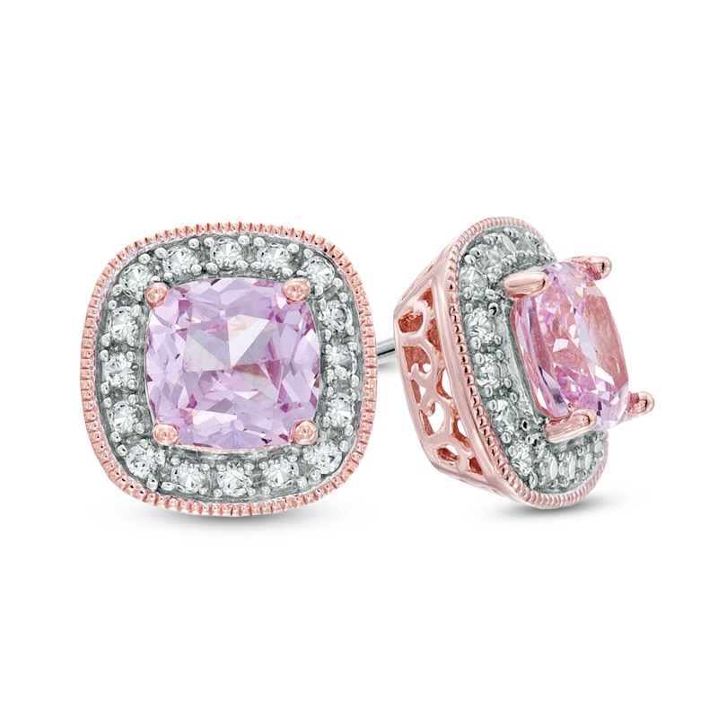 6.0mm Cushion-Cut Lab-Created Pink and White Sapphire Frame Stud Earrings in Sterling Silver with 14K Rose Gold Plate|Peoples Jewellers