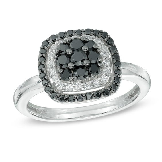 0.50 CT. T.W. Enhanced Black and White Diamond Cluster Frame Ring in 10K White Gold