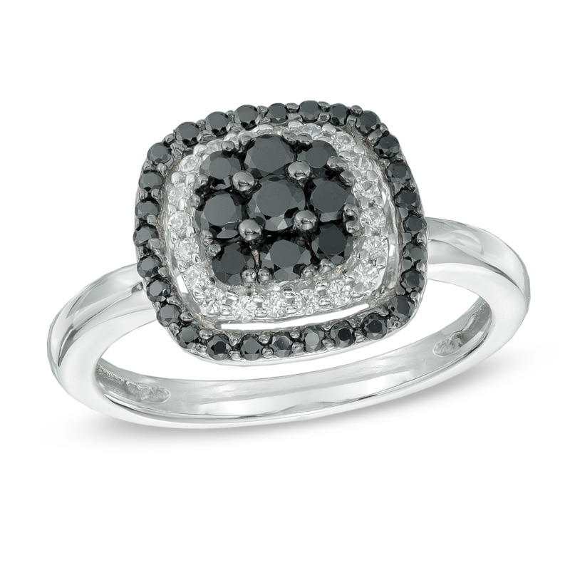 0.50 CT. T.W. Enhanced Black and White Diamond Cluster Frame Ring in 10K White Gold|Peoples Jewellers