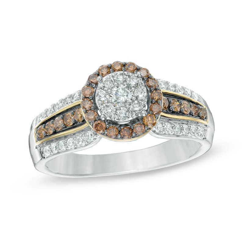 Main Image 1 of 0.87 CT. T.W. Champagne and White Diamond Cluster Frame Engagement Ring in 14K Two-Tone Gold