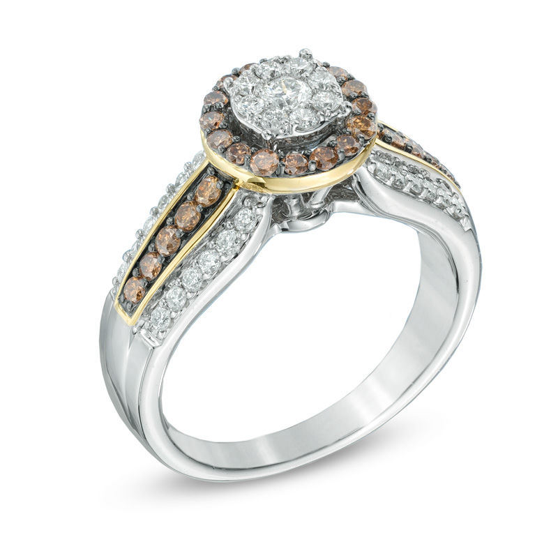 Main Image 2 of 0.87 CT. T.W. Champagne and White Diamond Cluster Frame Engagement Ring in 14K Two-Tone Gold