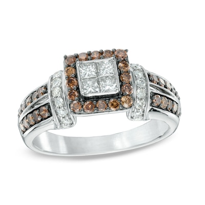 1.00 CT. T.W. Champagne and White Diamond Frame Collar Ring in 14K White Gold