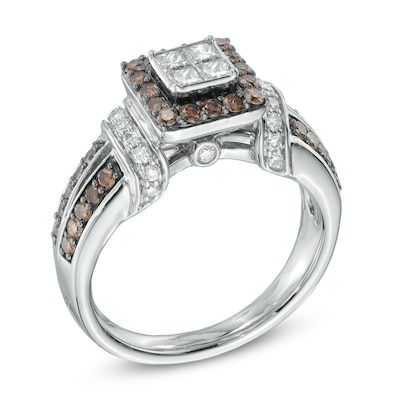 1.00 CT. T.W. Champagne and White Diamond Frame Collar Ring in 14K White Gold